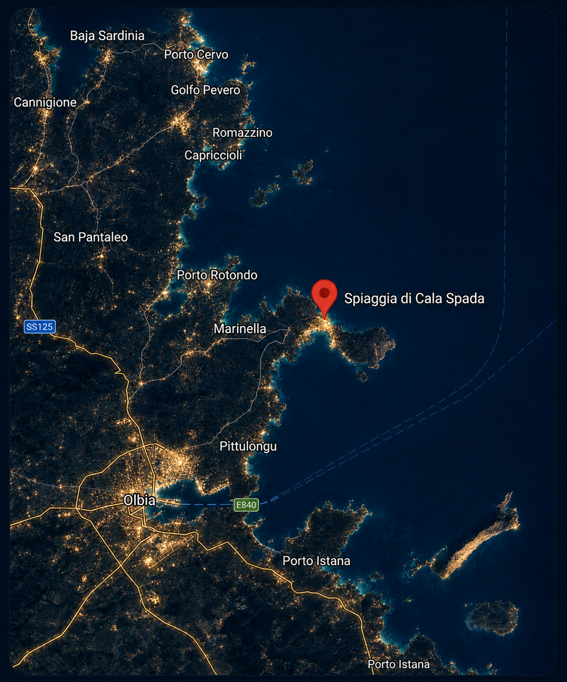 Mappa del tratto di costa di Olbia con il punto di immersione Balanus presso Spiaggia di Cala Spada