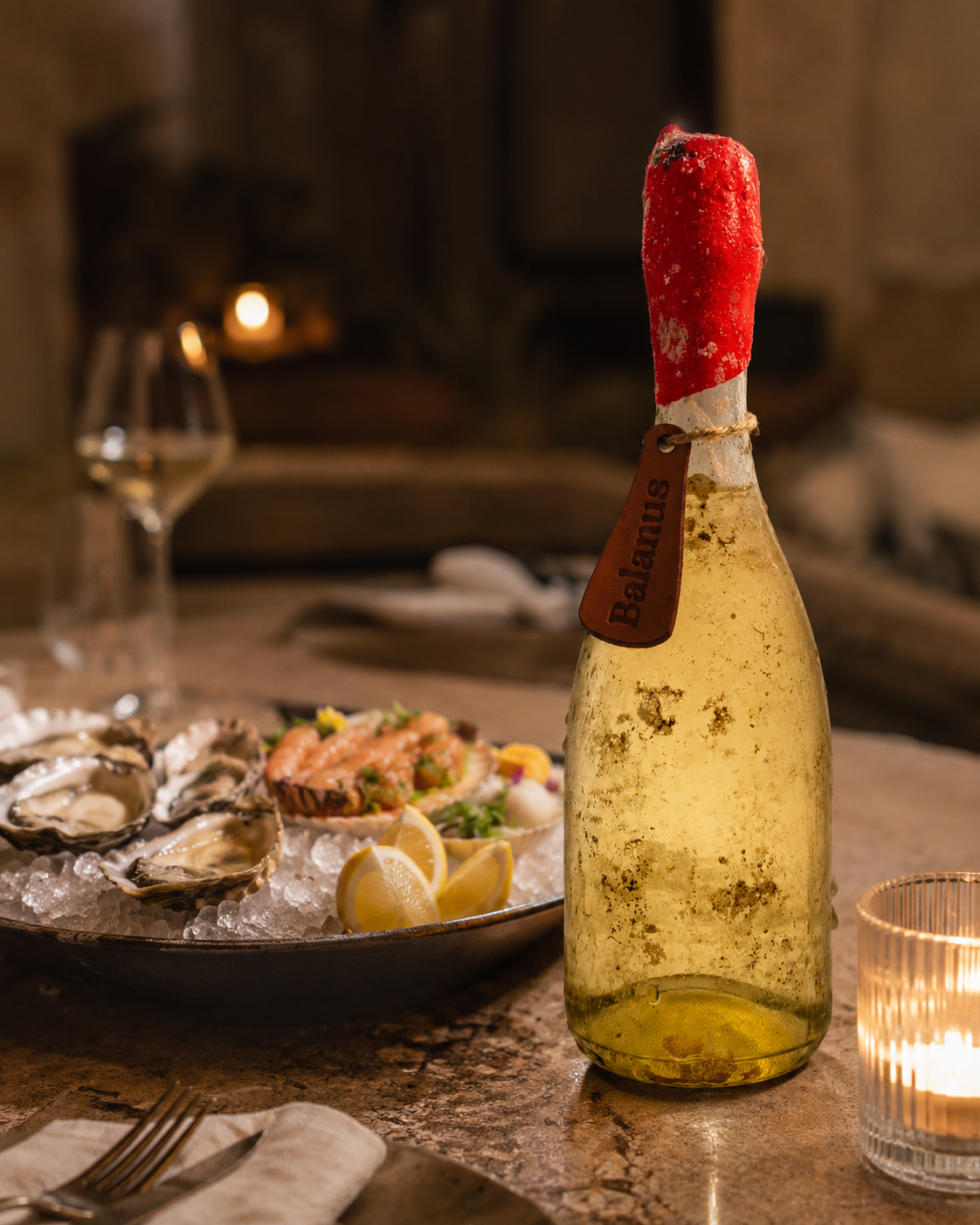 Bottiglia Balanus accanto a ostriche, crostacei e limoni